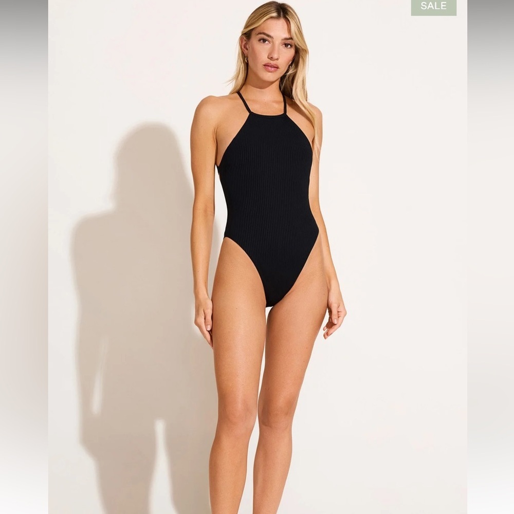 NWT Vitamin A Terra EcoRib Ribbed One Piece Swimsuit Black Strappy Back M